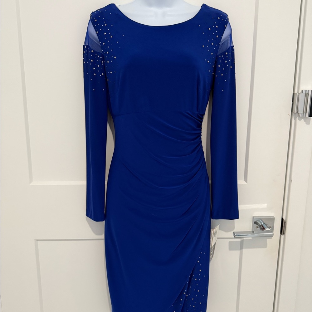 Xscape Royal Blue Embellished Long Sleeve Dress